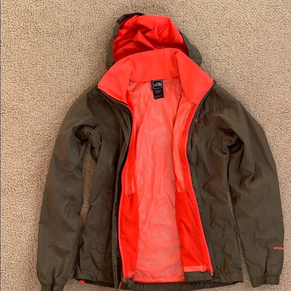 Camo Green & Coral North Face Rain Jacket (Small)